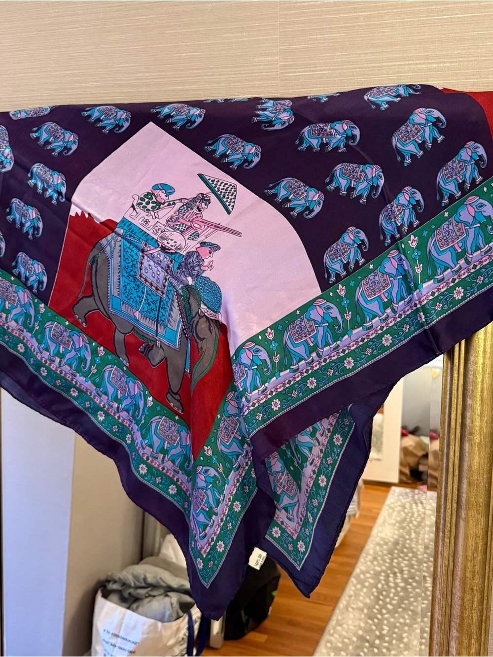 100% silk Decorative Elephant Print Scarf - Purple, Teal, Pink
